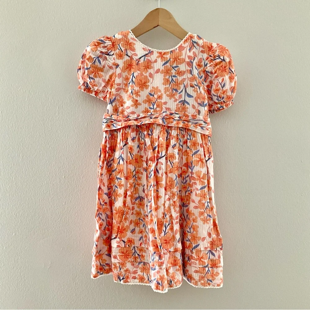 Rachel Zoe 3T Orange Floral Puff Sleeve Dress with Blue Accents